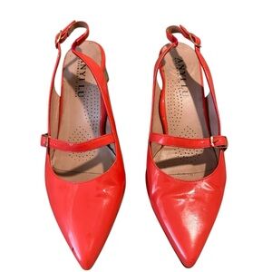 Anyi Lu - Patent Leather Slingback Mary Jane Pumps, Orange/Coral, Size EU 38 1/2
